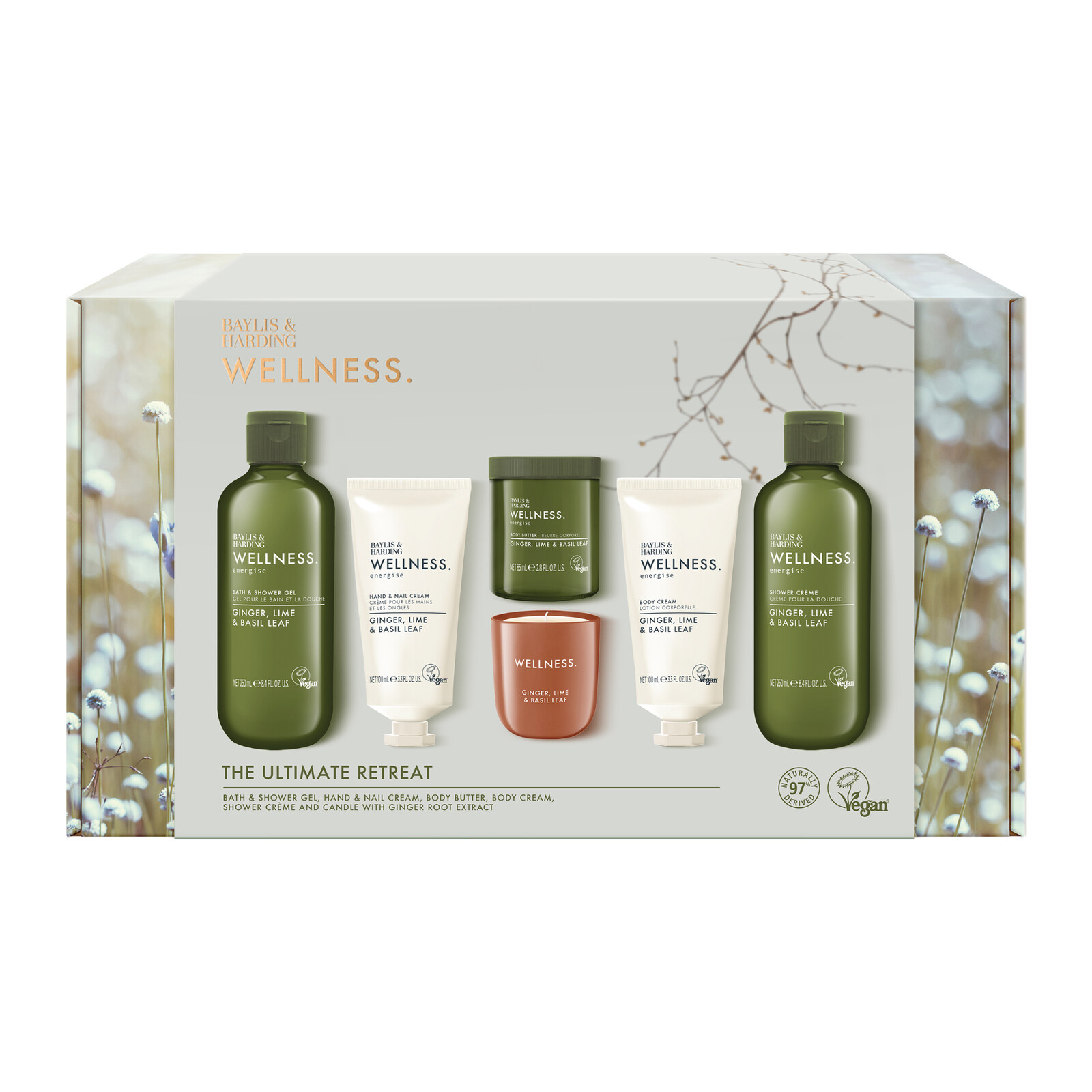 Baylis & Harding Darčeková sada starostlivosti o telo so sviečkou Ginger, Lime & Basil Leaf 6 ks