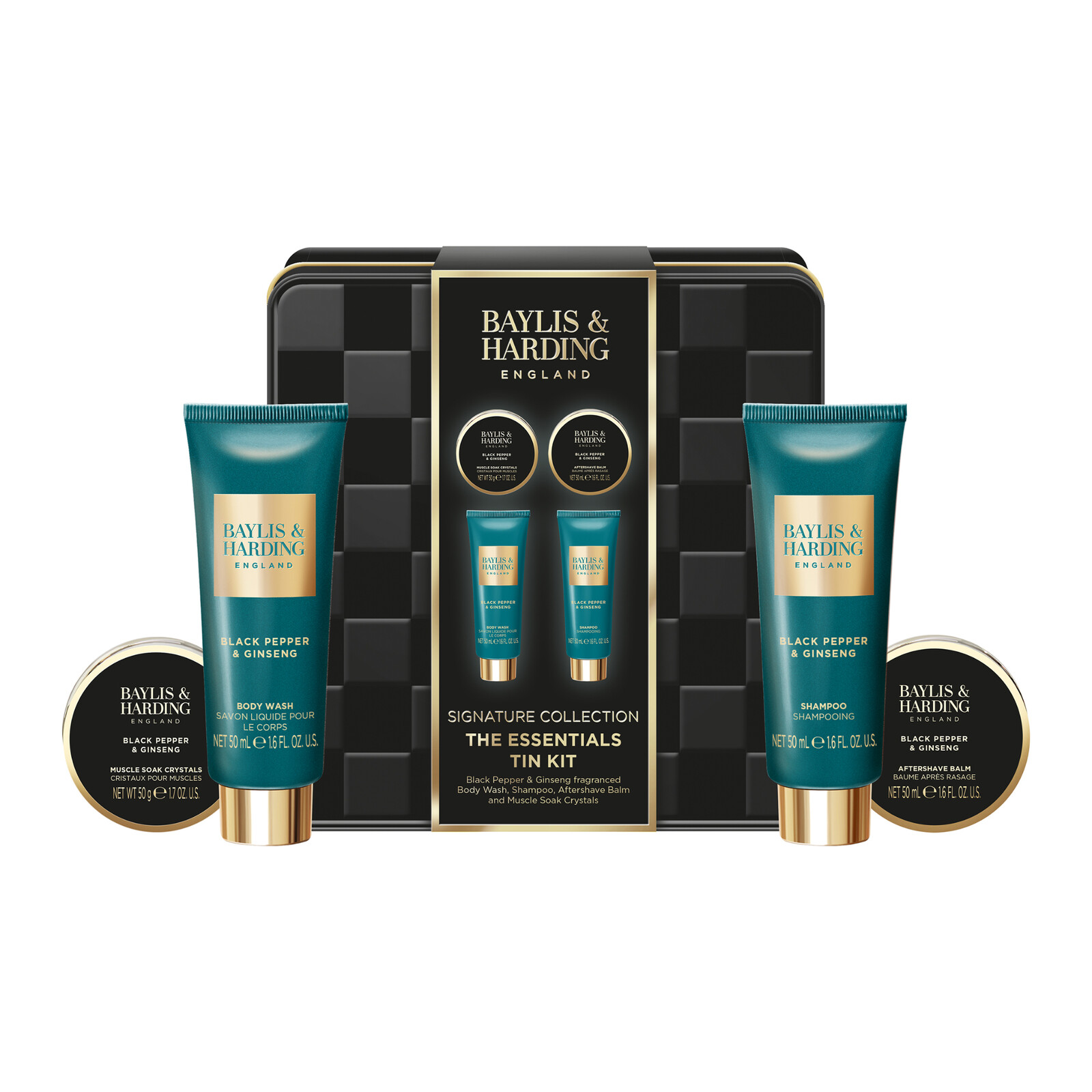Baylis & Harding Darčeková sada v plechovej dóze Black Pepper & Ginseng 4 ks