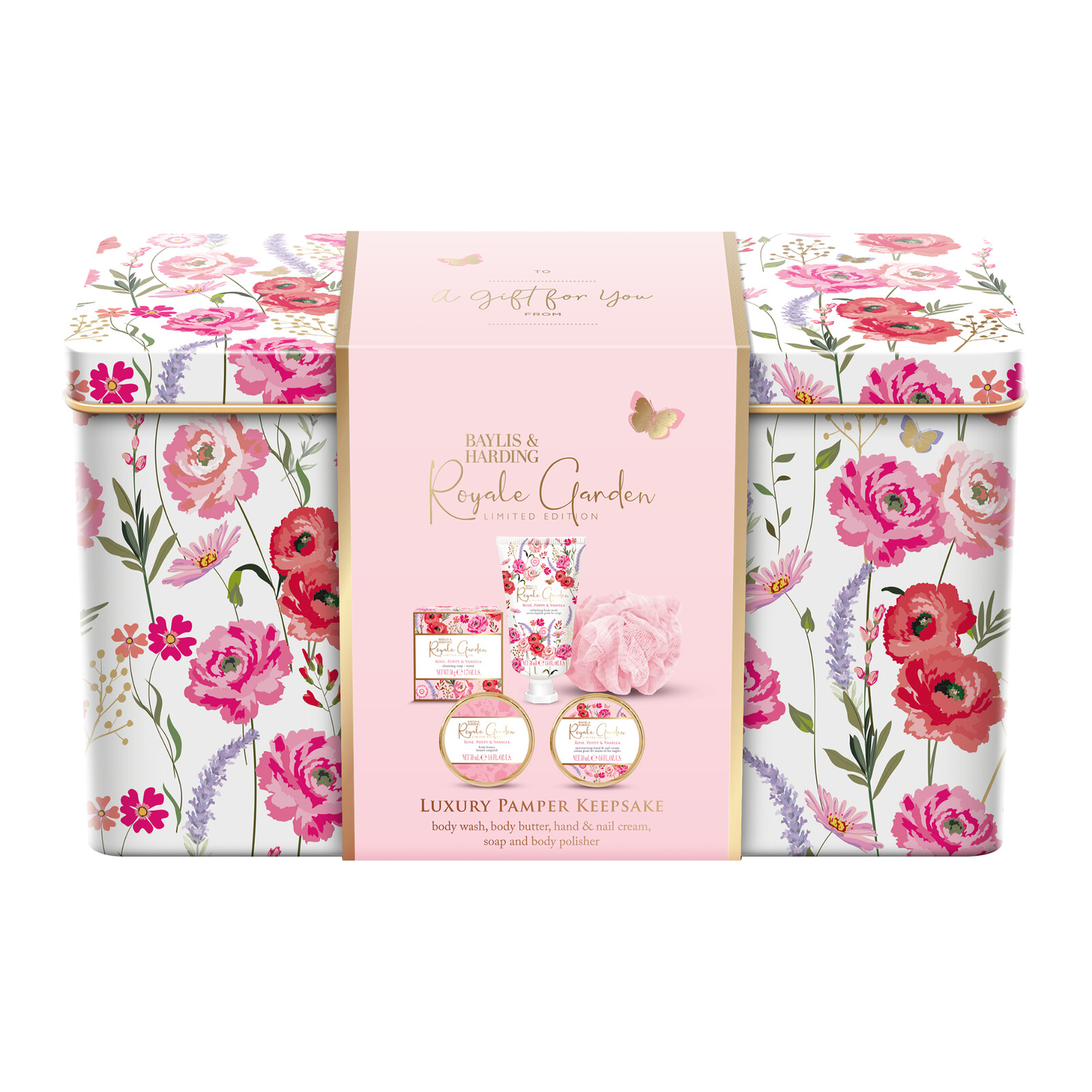 Baylis & Harding Baylis & Harding Darčeková sada starostlivosti o telo v plechovej dóze - Royale Garden, 5ks