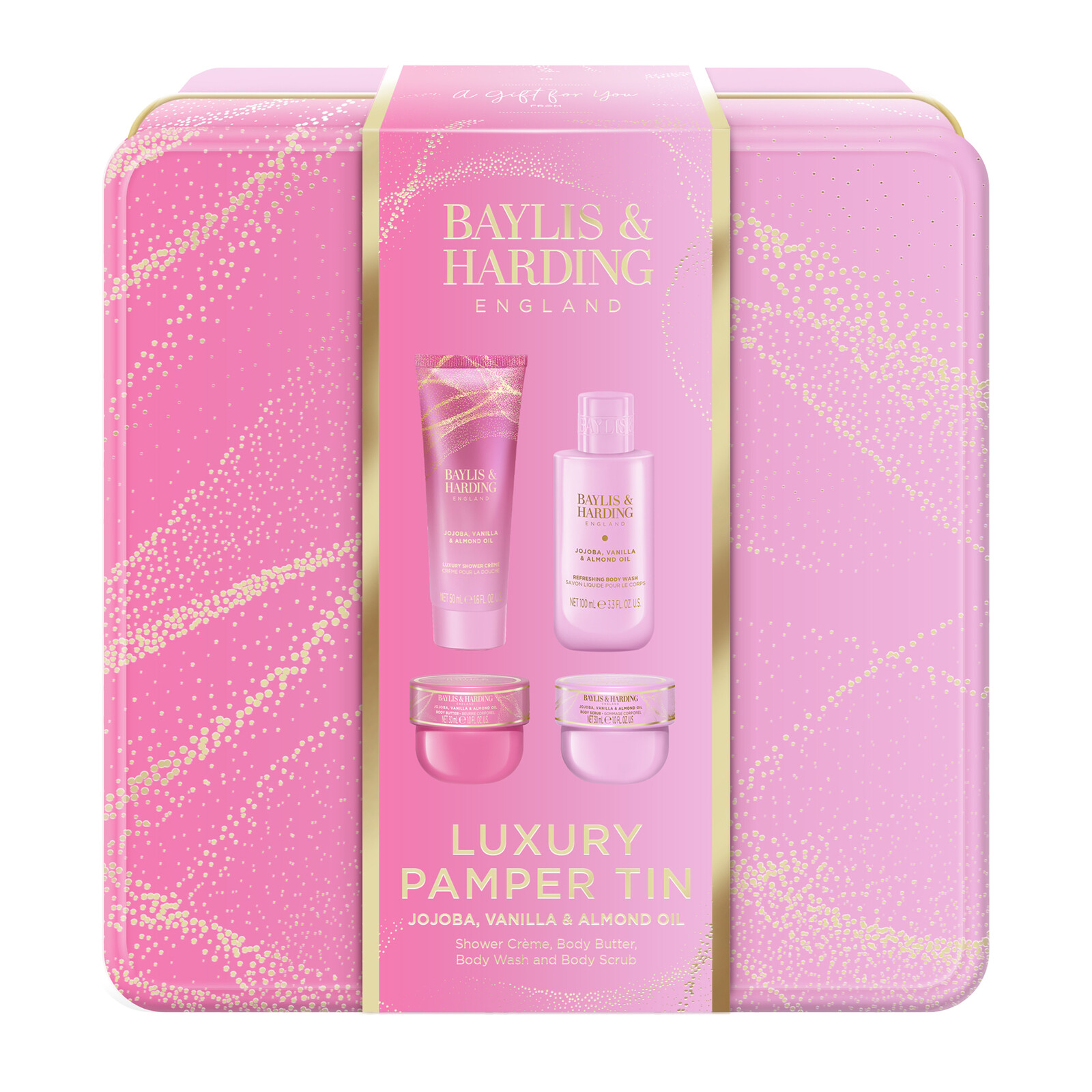 Baylis & Harding Darčeková sada v plechovej dóze Jojoba, Vanilla & Almond Oil 4 ks