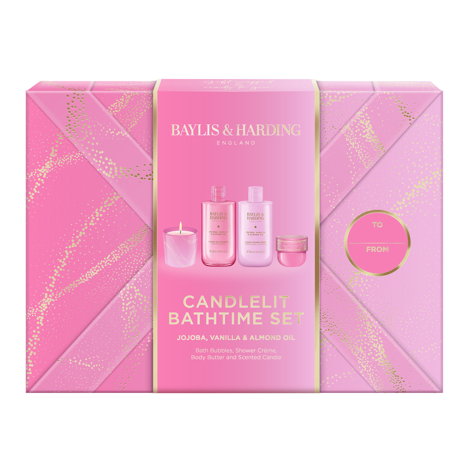 Baylis & Harding Darčeková sada starostlivosti o telo so sviečkou Jojoba, Vanilla & Almond Oil 4 ks