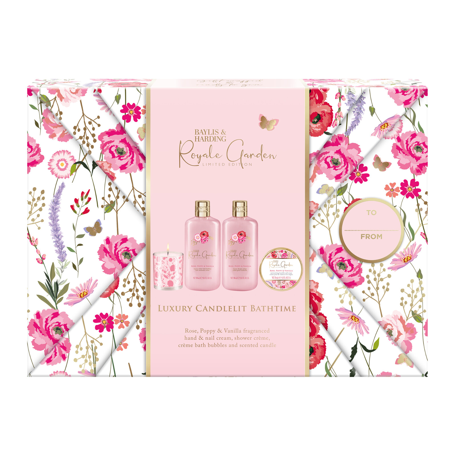 Baylis & Harding Baylis & Harding Darčeková sada starostlivosti o telo so sviečkou - Royale Garden, 4ks