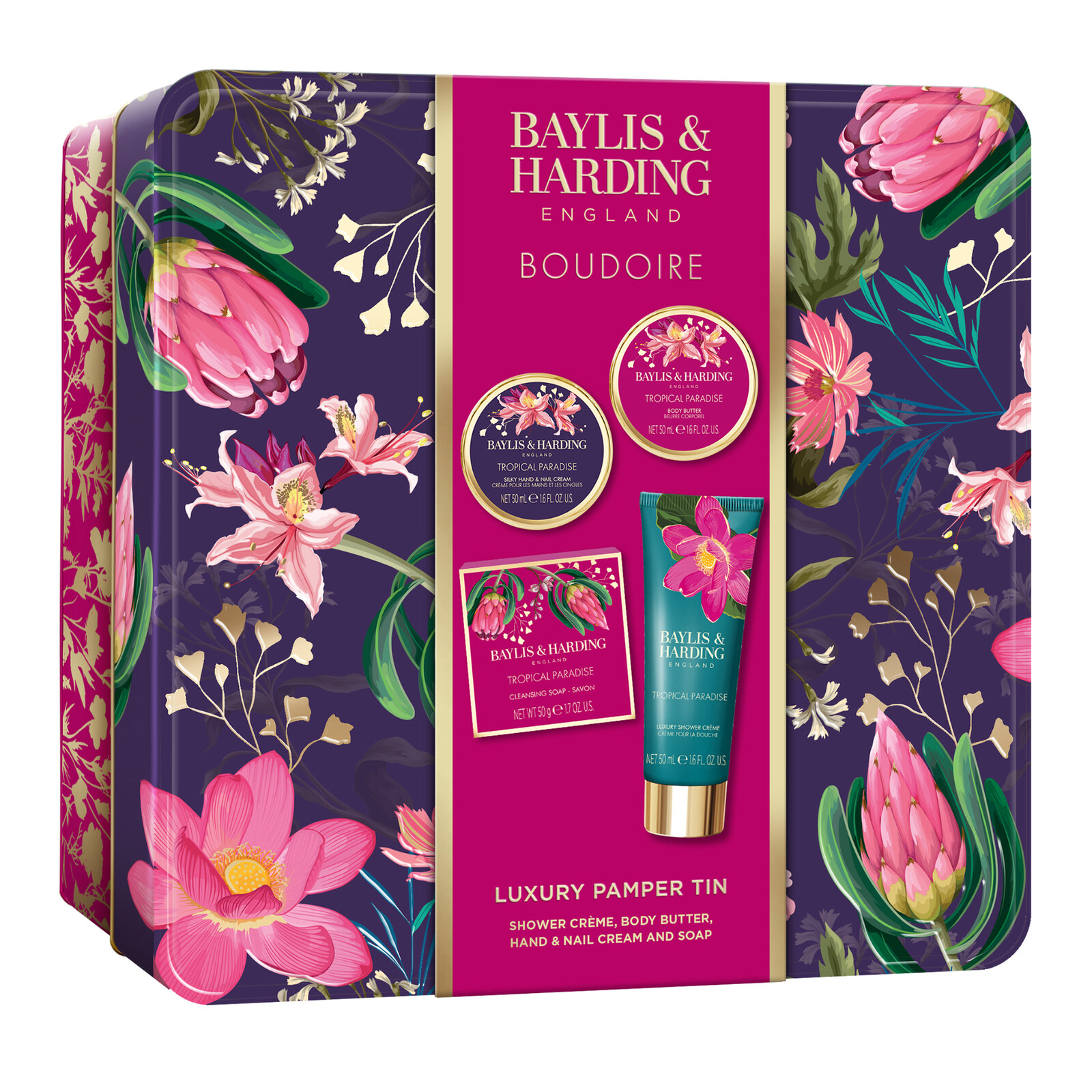 Baylis & Harding Baylis & Harding Darčeková sada starostlivosti o telo v plechovej dóze Boudoire - Tropical Paradise, 4ks