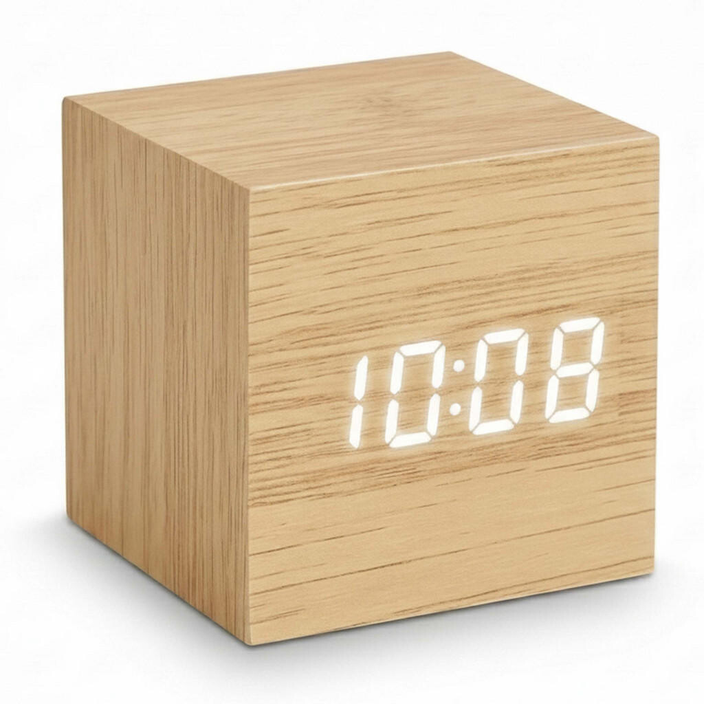 Relaxdays BUDÍK prírodný digitálny tvar kocky vzhľad dreva 3 alarmy USB