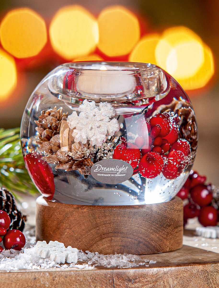 Svietnik na čajovú sviečku Mercur na drevenom podstavci Winter Berries, 9 cm