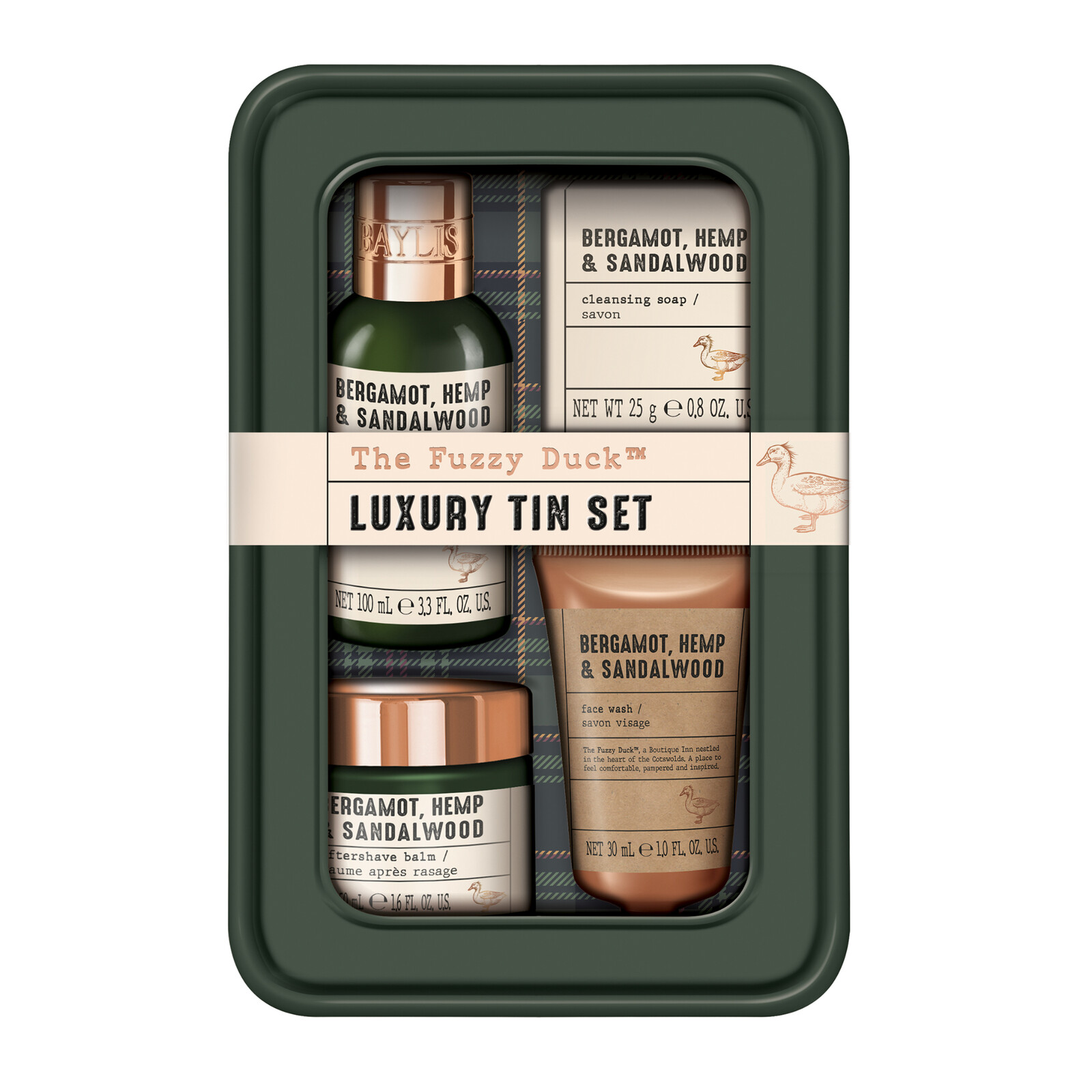 Baylis & Harding Darčeková sada v plechovej dóze Bergamot, Hemp & Sandalwood 4 ks