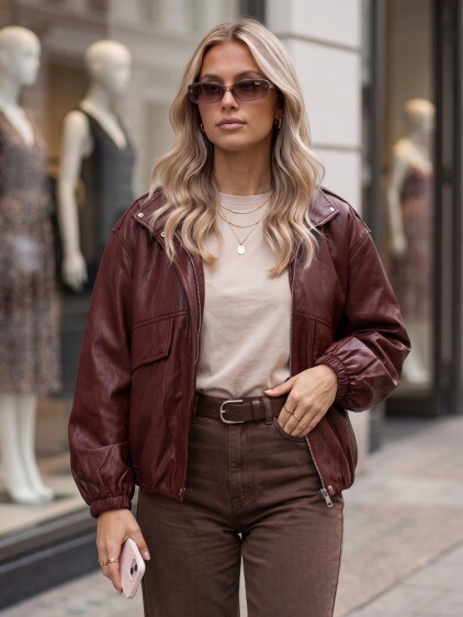 Dámska prechodná voľná koženková bomber bunda, bordová