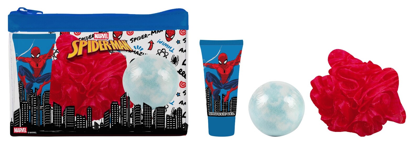 EP Line Spiderman - toaletná taška + sprchový gél 35 ml + bomba do kúpeľa + špongia na umývanie