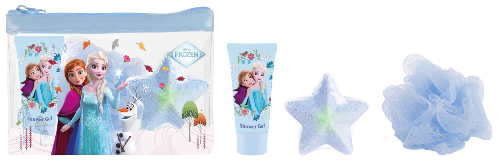 EP Line Disney Frozen - toaletní taška + sprchový gel 35 ml + bomba do koupele + mycí houba