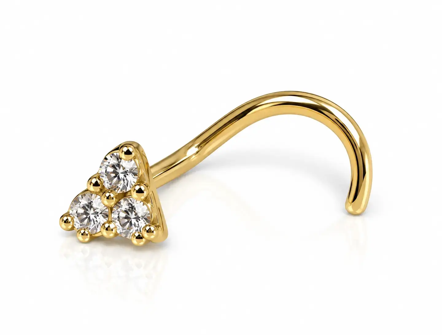 Zahnutý piercing do nosa zo žltého 9K zlata so srdiečkom z troch zirkónov