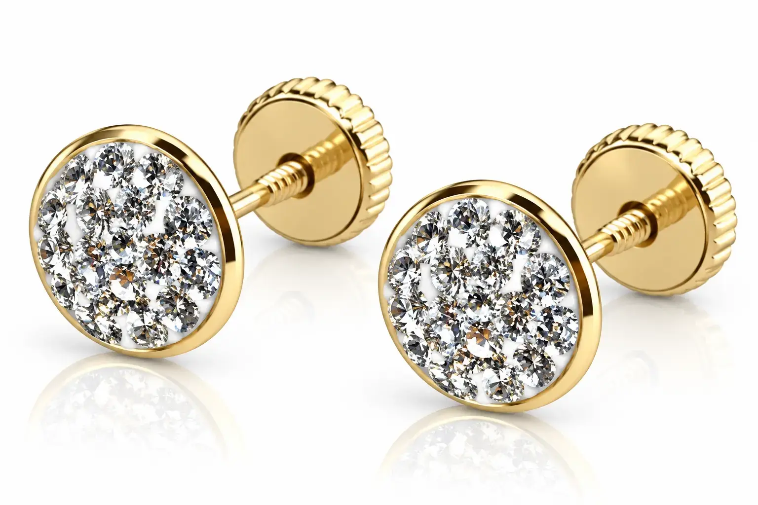 Žlté 14K zlato šrubovacie náušnice koliesko so Swarovski krištáľmi
