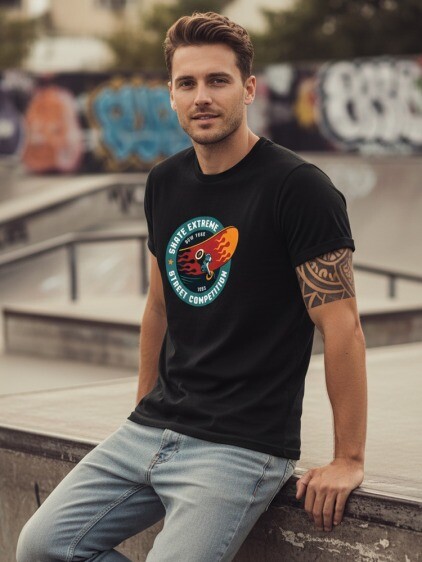Pánske klasické tričko s farebnou potlačou skateboardu, čierna