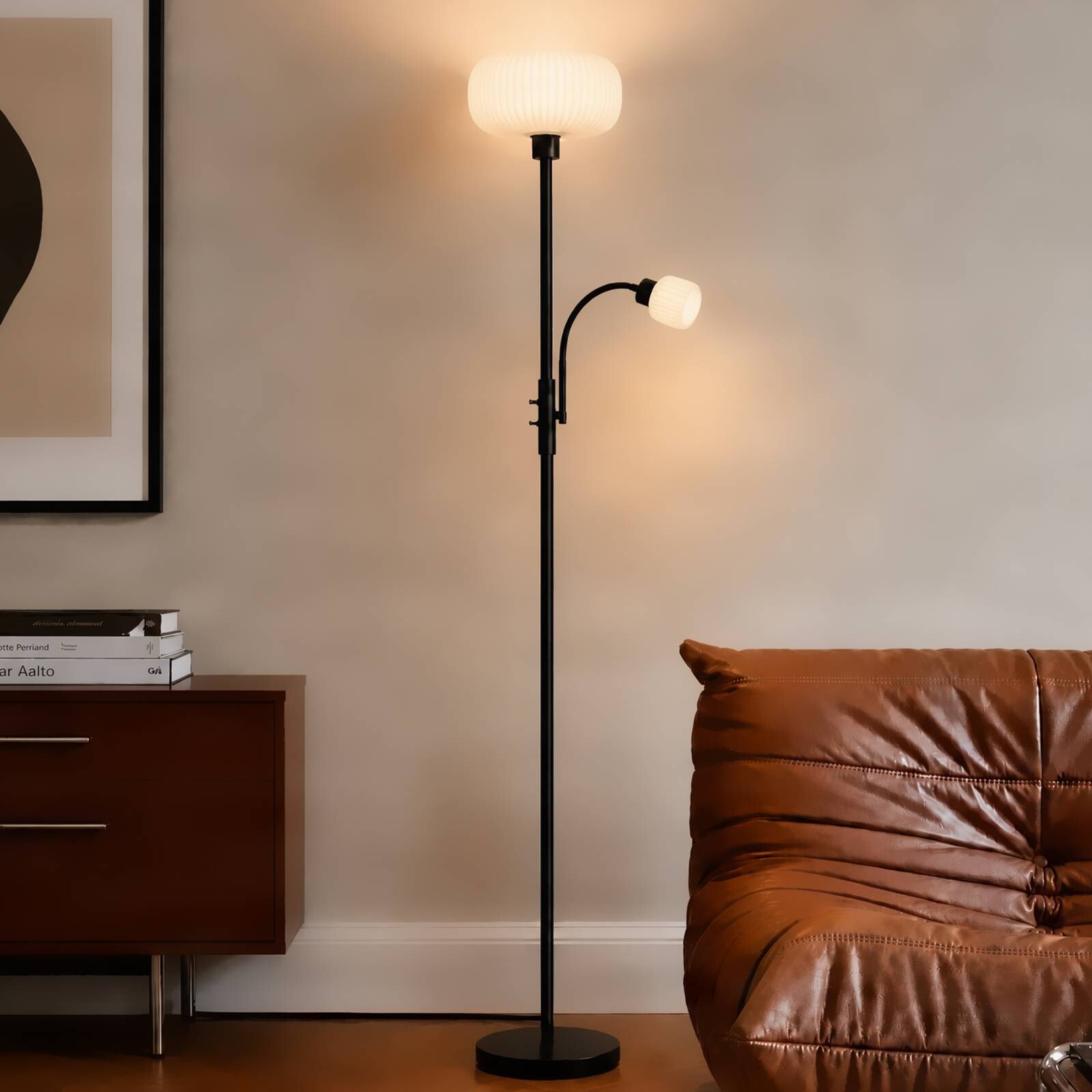 Stojacia lampa Lindby Ingrid, čierna/biela, 175 cm, lampa na citanie
