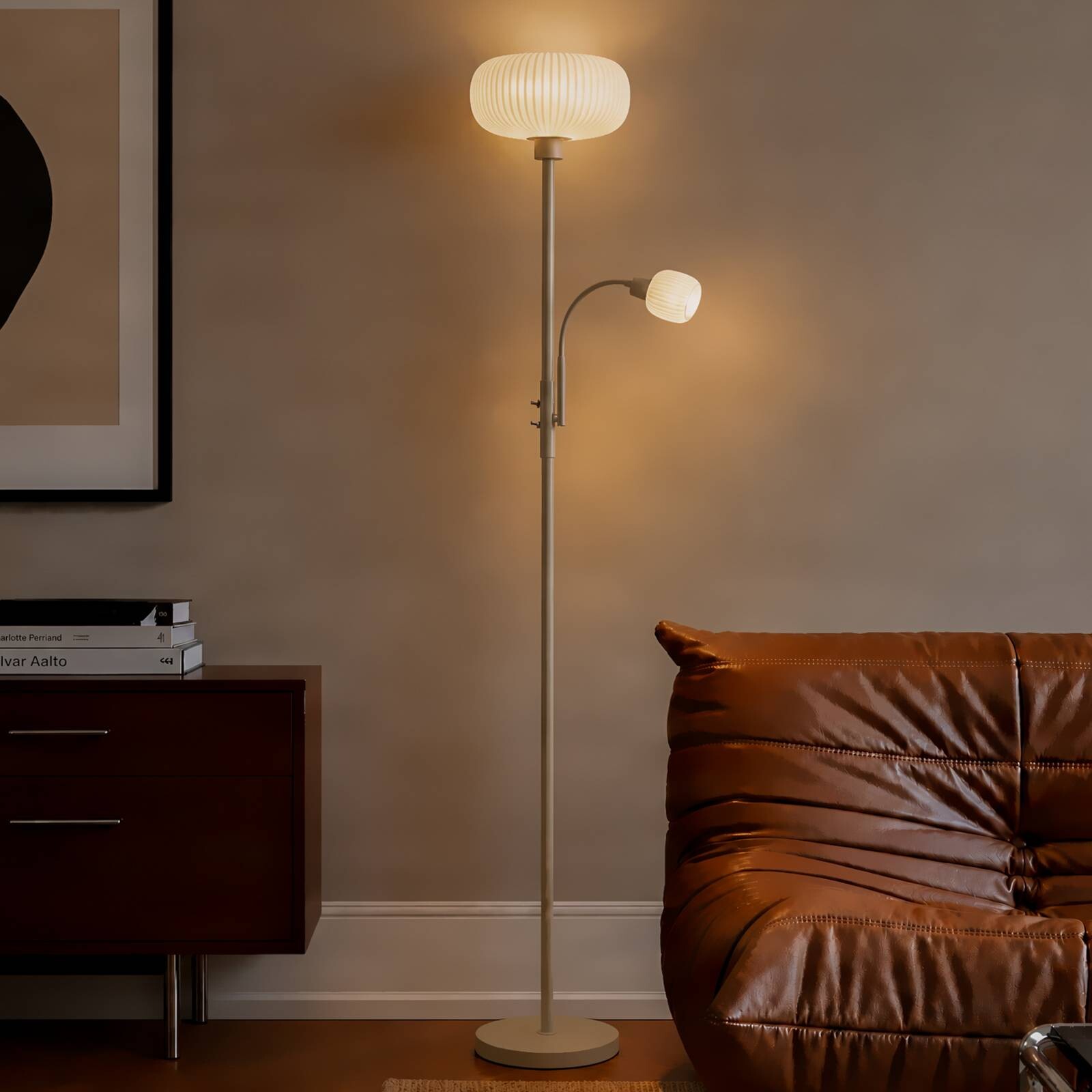 Stojacia lampa Lindby Ingrid, béžová/biela, 175 cm, lampa na citanie