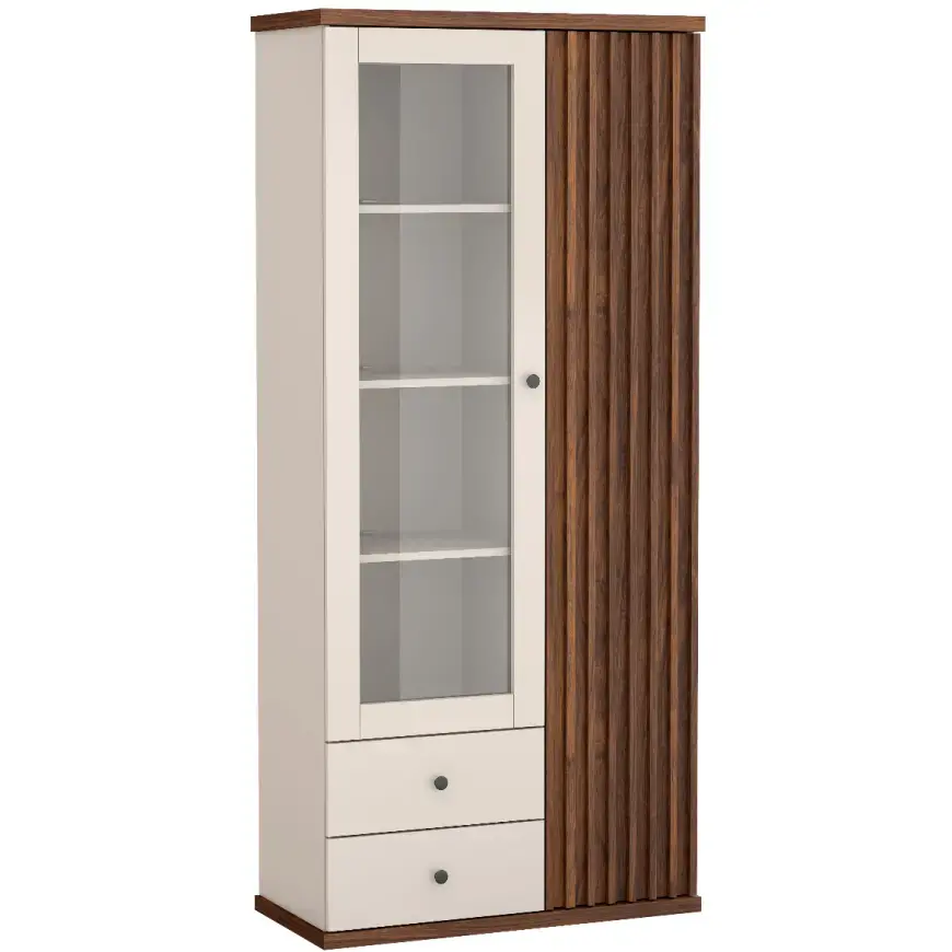 Vitrína C-2 86,4cm – Kašmír/Orech, Lamely, Dvojdverový, Zásuvky