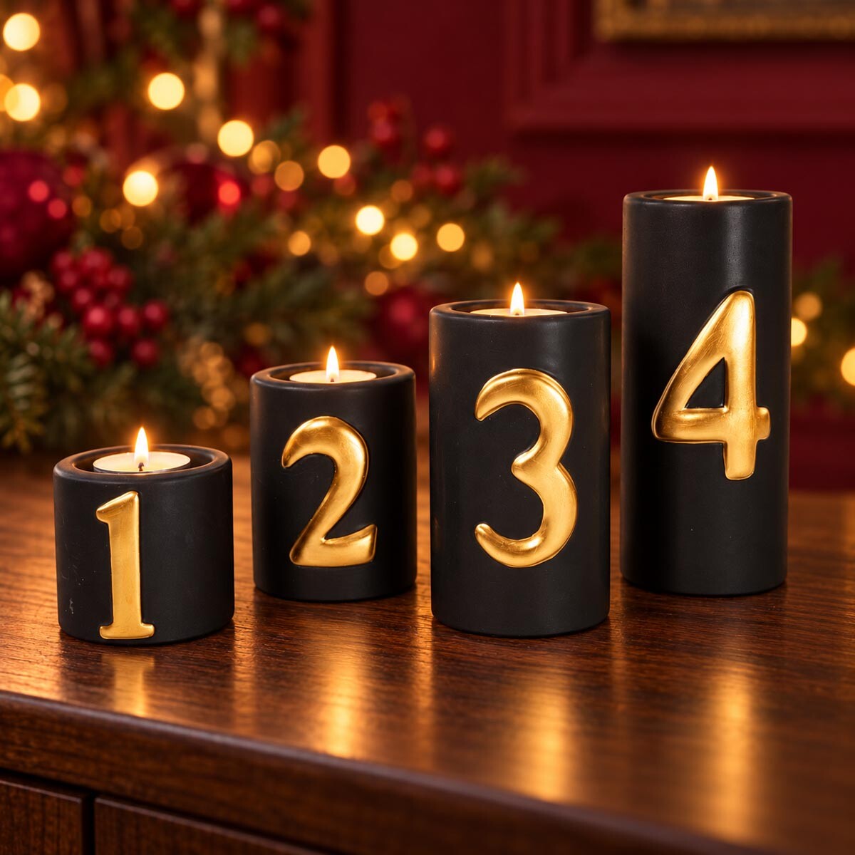 Adventné svietniky s číslami, čierne, sada 4 ks