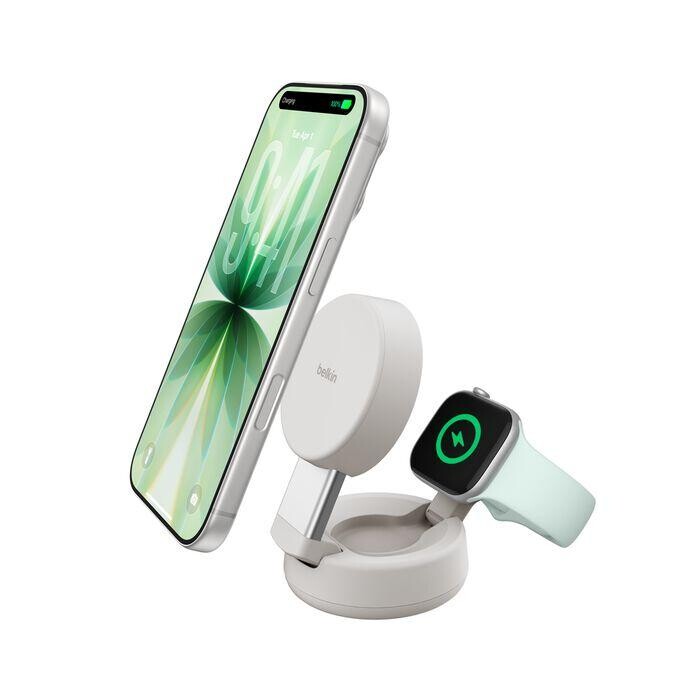 Belkin UltraCharge PRO Qi2 25W 2v1 Magnetická nabíjačka pre iPhone/Apple Watch/Airpods, piesočná
