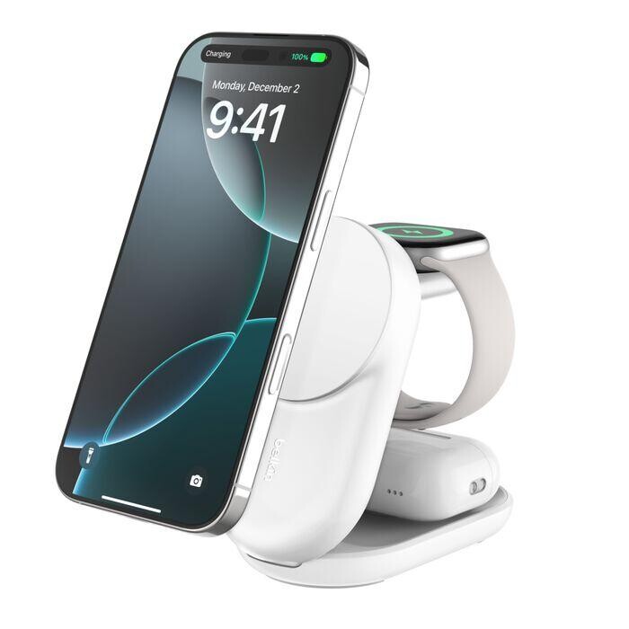 Belkin UltraCharge Qi2 25W 3v1 Magnetická nabíjačka pre iPhone/Apple Watch/AirPods, biela