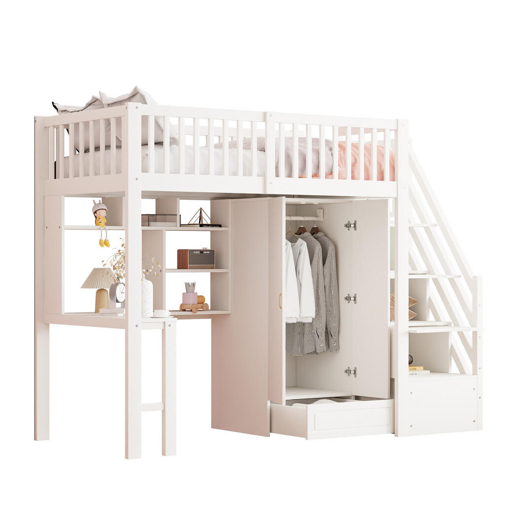 OKMYHOME VYVÝŠENÁ posteľ 90/200 cm so skriňou, stolom a úložnými schodmi, biela