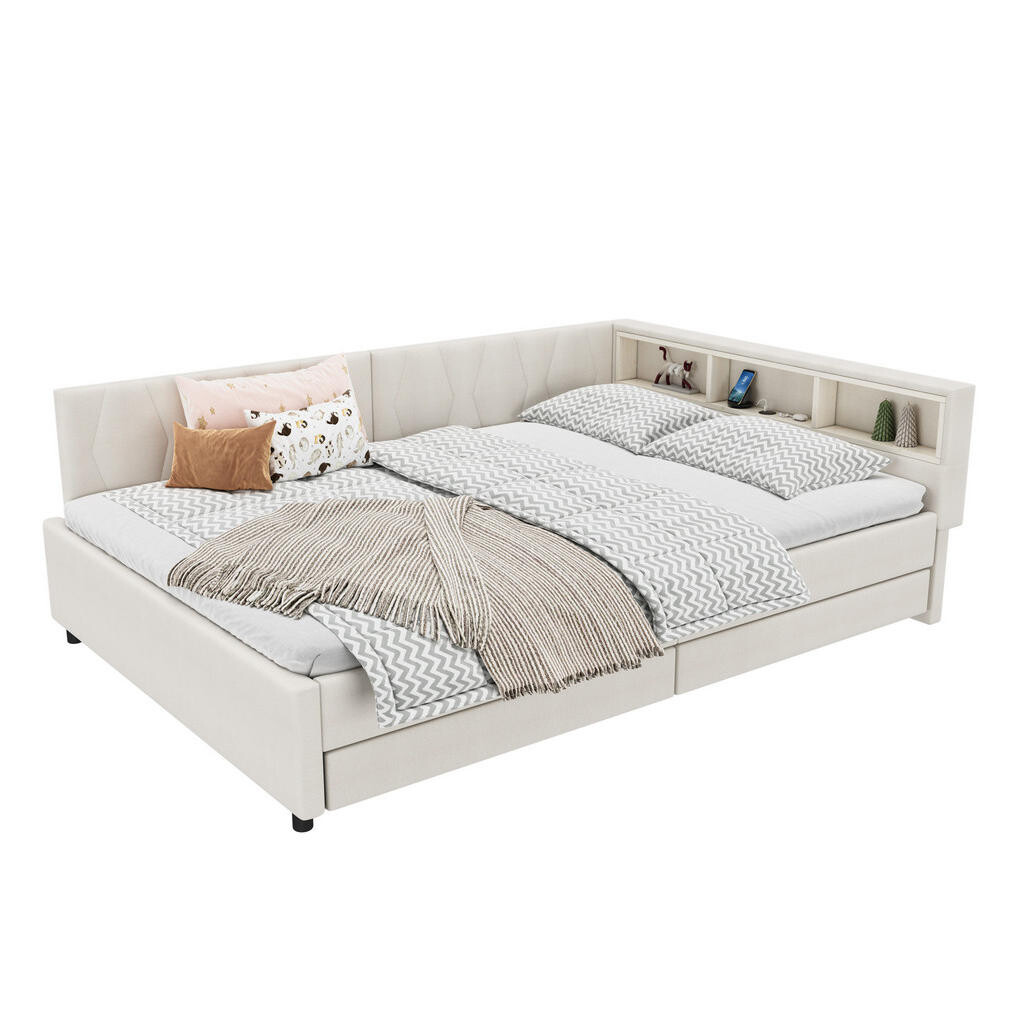 OKMYHOME ČALÚNENÁ posteľ 140/200 cm, béžová, ľan a MDF, so zásuvkami, LED osvetlením a USB