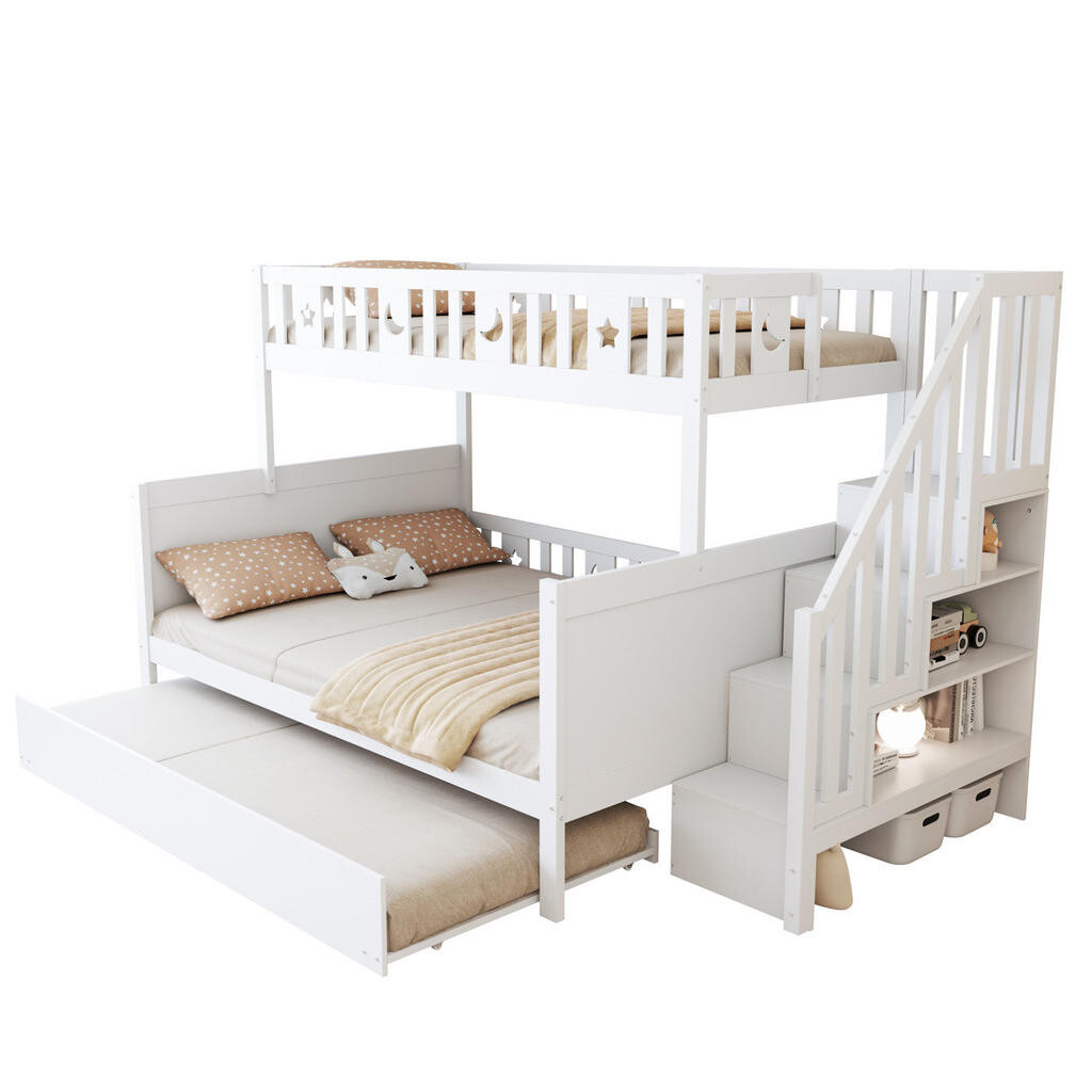 OKMYHOME POSCHODOVÁ posteľ 90/200 / 140/200 cm s výsuvným lôžkom a úložnými schodmi, biela