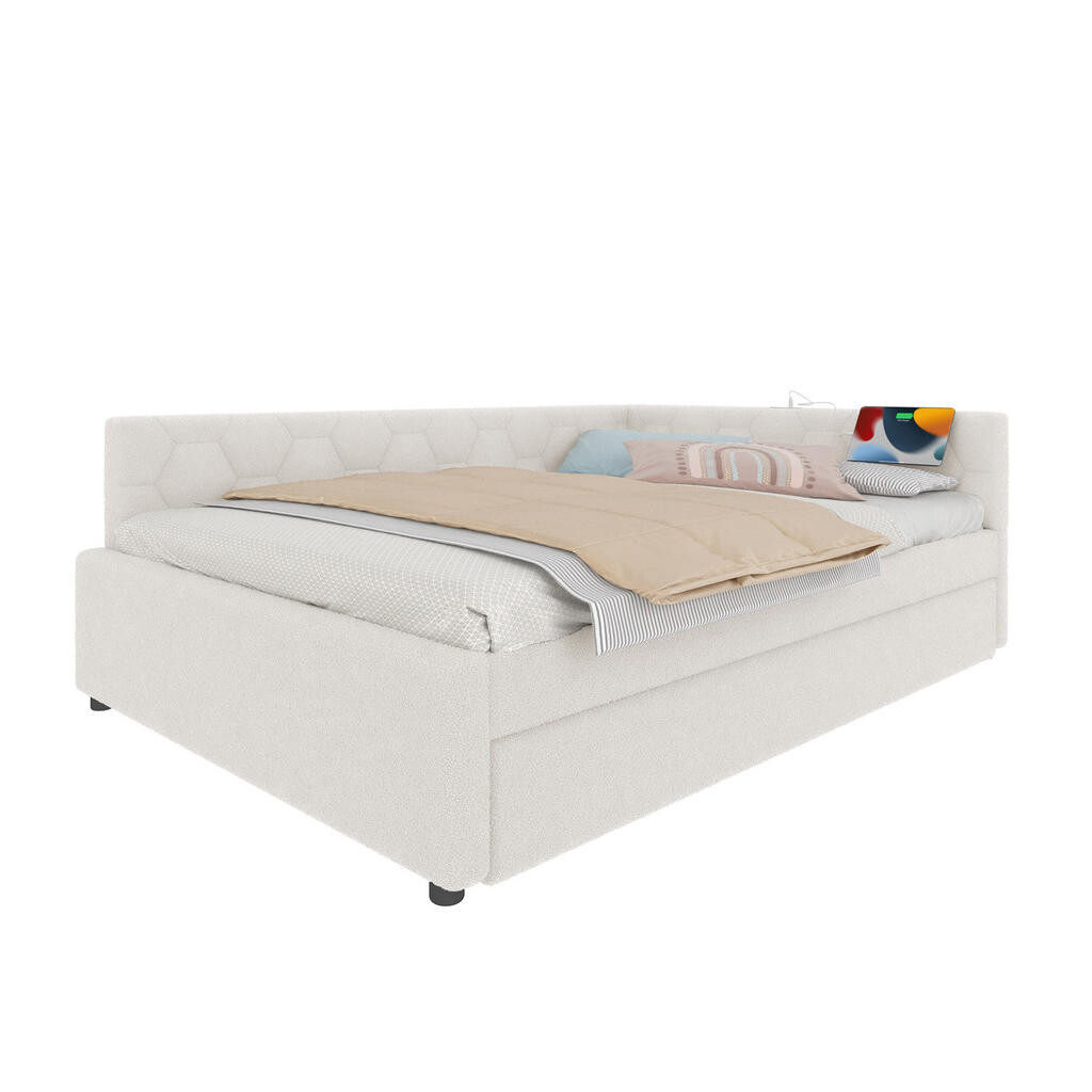 OKMYHOME ČALÚNENÁ posteľ 140/200 cm s výsuvným lôžkom a roštom, biela