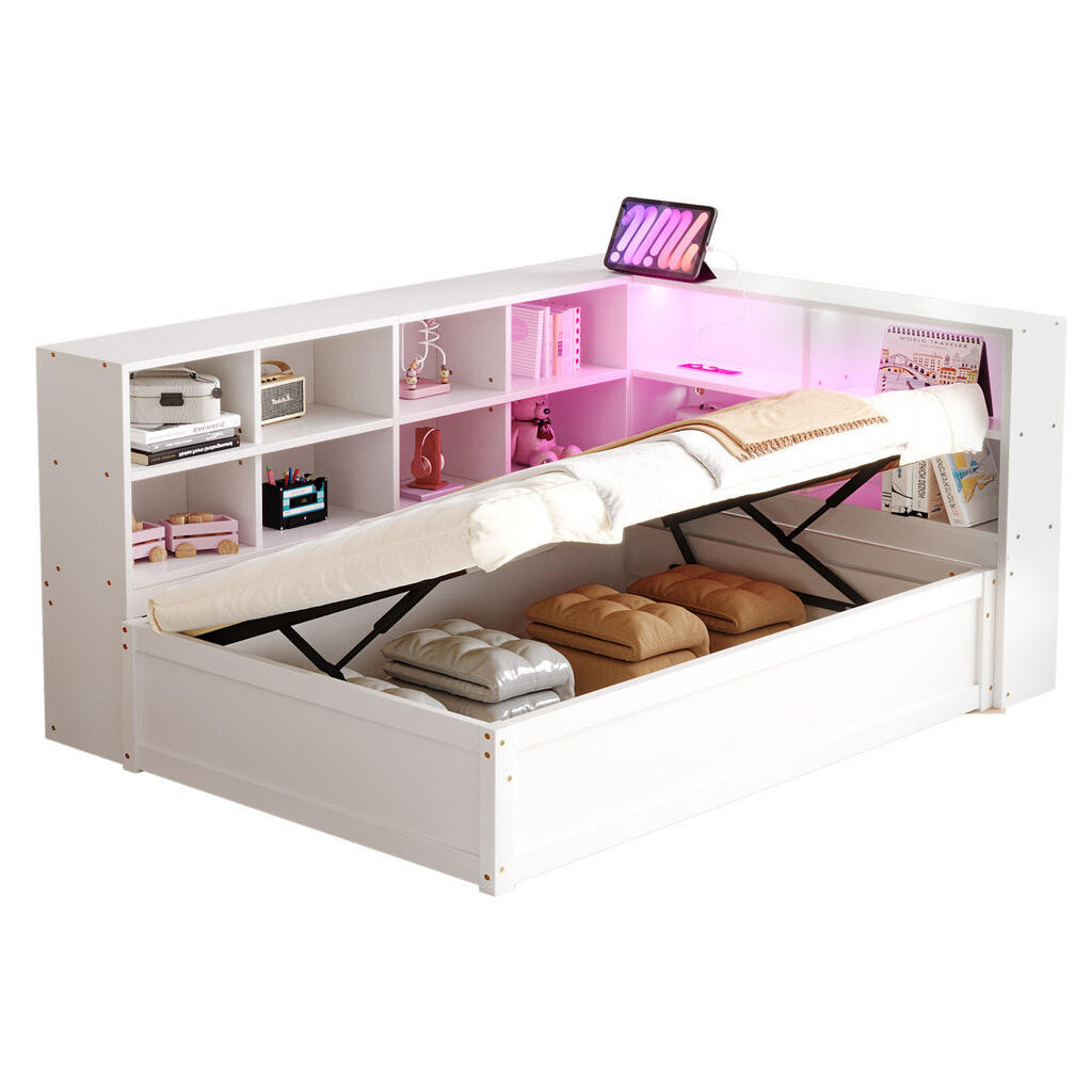 OKMYHOME POSTEĽ rozkladacia s lôžkom 90/200 cm, borovicové drevo, úložný priestor, LED, biela