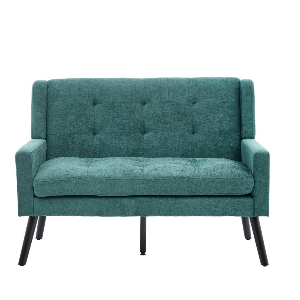 OKMYHOME 2-MIESTNA pohovka pre dvoch v retro zelenej farbe, ľanový poťah, nohy z masívneho dreva