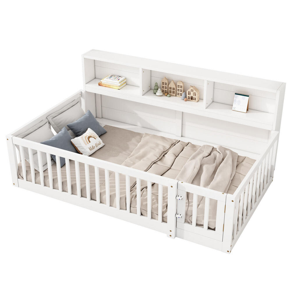 OKMYHOME ČALÚNENÁ posteľ 90/200 cm s úložnými priehradkami a roštom, borovica a MDF, biela