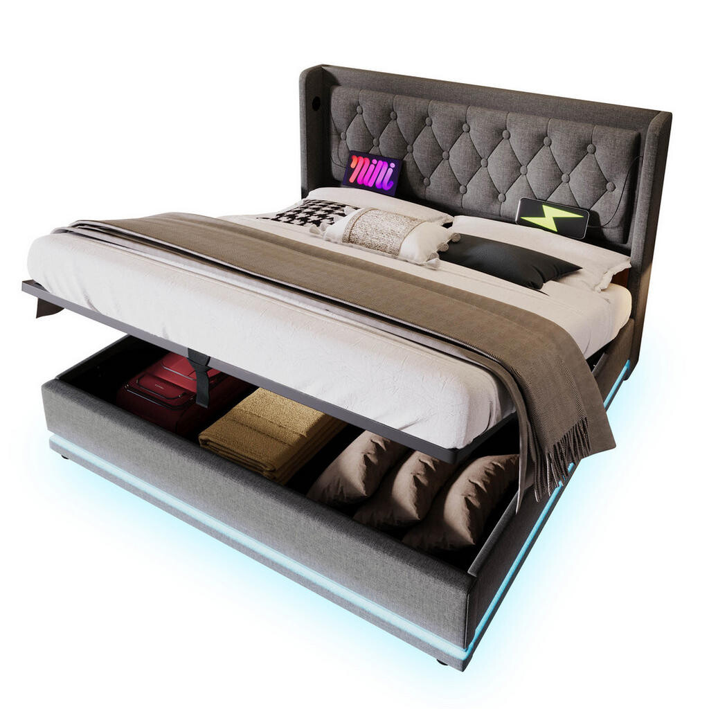 OKMYHOME ČALÚNENÁ posteľ 160/200 cm, sivá bavlna, úložný priestor, USB-C a LED