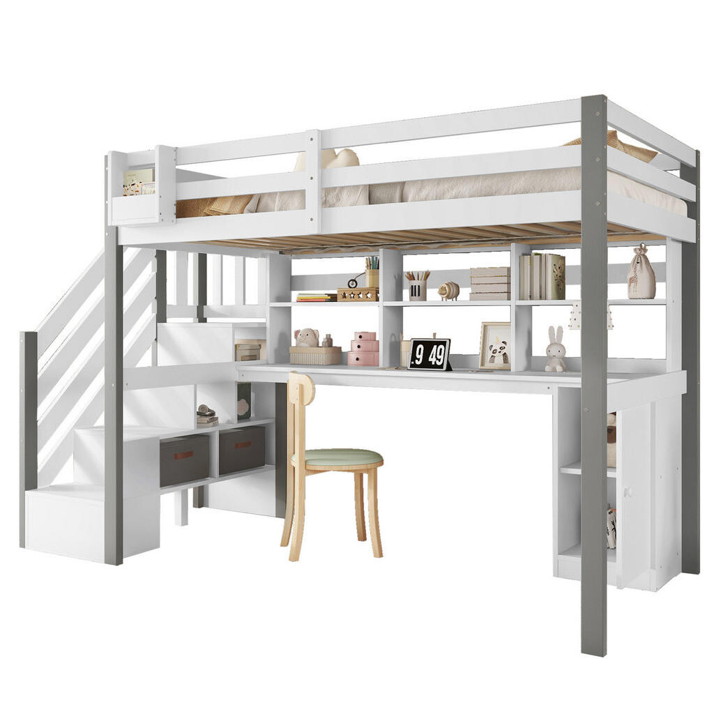 OKMYHOME VYVÝŠENÁ posteľ 90/200 cm s písacím stolom a úložným priestorom, biela/sivá