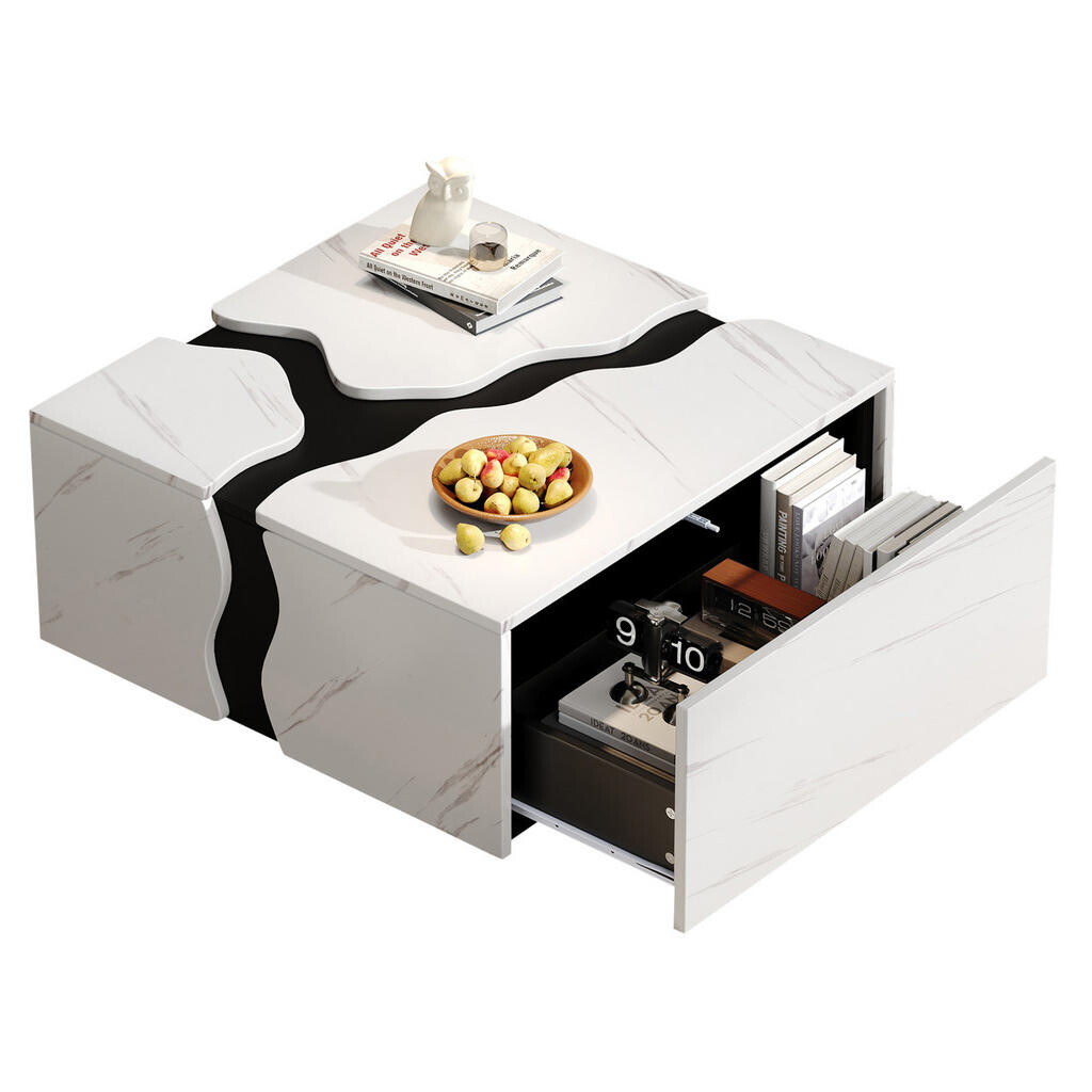 OKMYHOME KONFERENČNÝ stolík 70/70/31 cm, biely, s mramorovým dekorom a zásuvkou