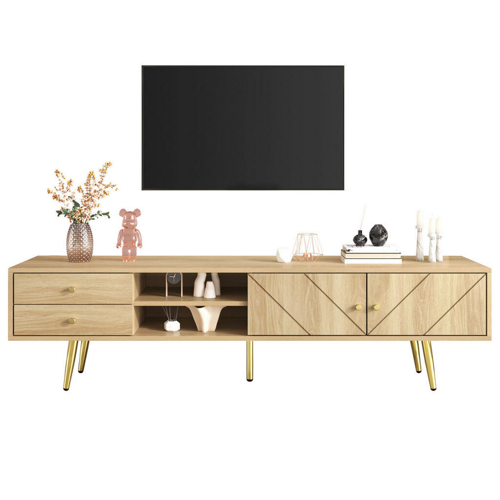OKMYHOME NÍZKA komoda 160 cm v dekore dreva so zlatými nohami a drážkovanými dvierkami