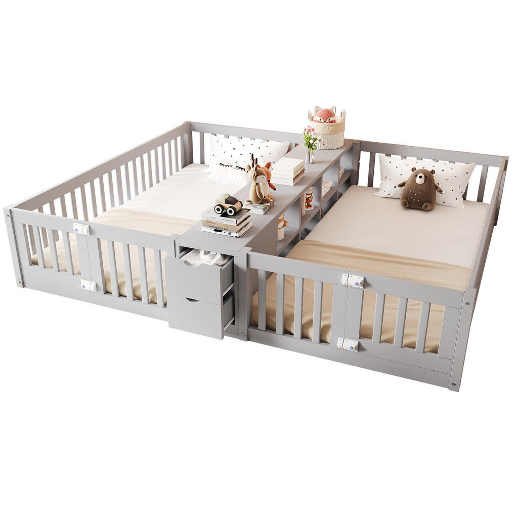 OKMYHOME POSTEĽ 2× 90/200 cm, drevo, biela/sivá, s úložným priestorom