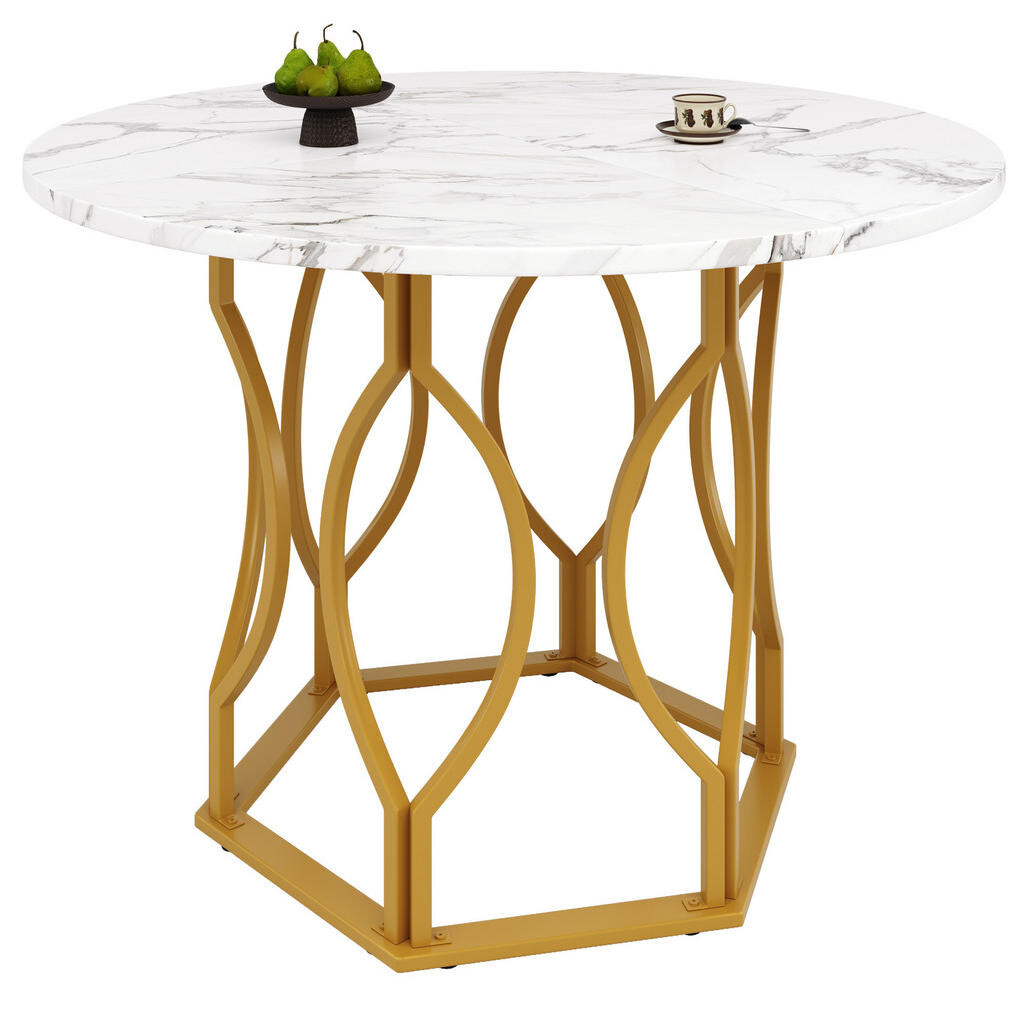 OKMYHOME JEDÁLENSKÝ stôl, Ø 100 cm, MDF a kov, biela a zlatá