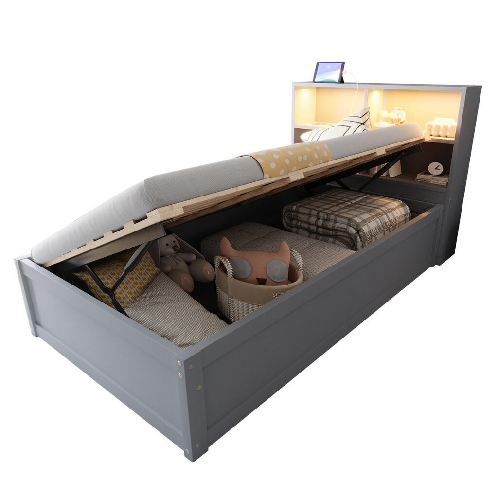 OKMYHOME POSTEĽ rozkladacia 90/200 cm, borovicové drevo, úložné priestory, LED osvetlenie, sivá