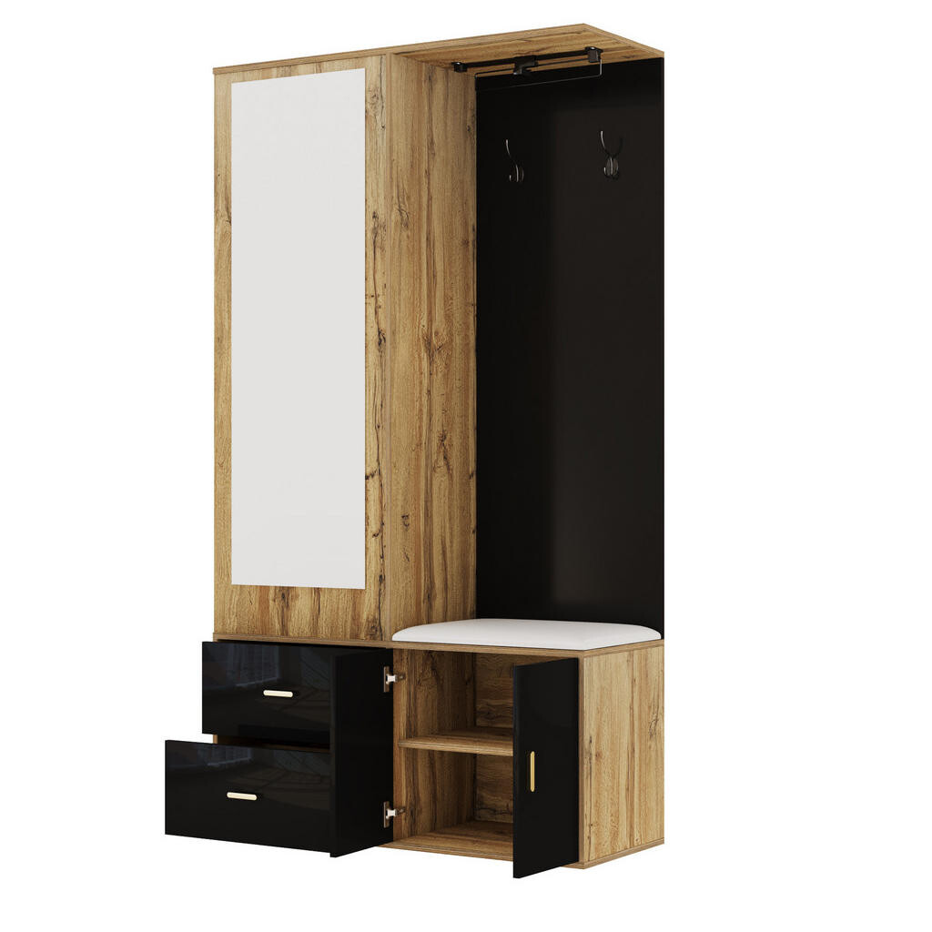 OKMYHOME SKRINKA na topánky so zrkadlom a lavicou, 100/38/180 cm, čierna/prírodná