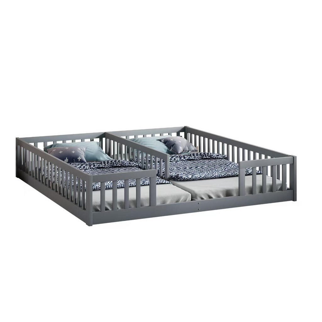OKMYHOME DETSKÁ posteľ so zábranami, 2× 90/200 cm, borovica a MDF, biela/sivá