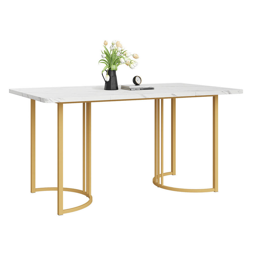 OKMYHOME JEDÁLENSKÝ stôl 140/80 cm, biely, doska z MDF s mramorovým vzorom, kovová podnož