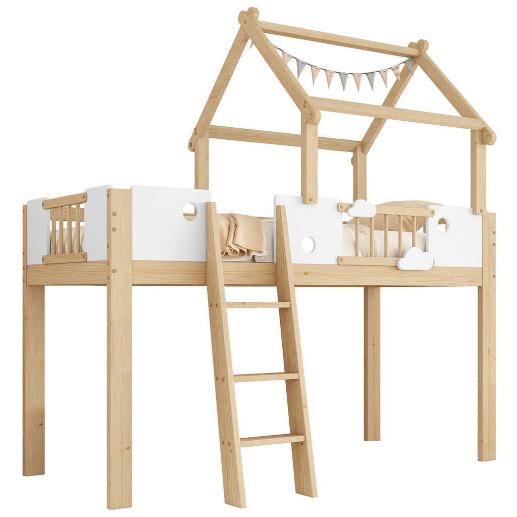 OKMYHOME DOMČEKOVÁ posteľ 90/200 cm so strieškou a rebríkom, biela/prírodná