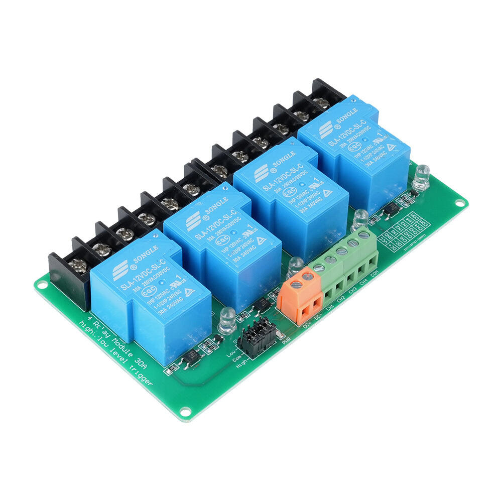 Štvorkanálový reléový modul 12V 30A s optoelektronickým oddelením, voliteľná úroveň spínania