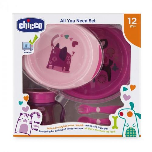CHICCO Jedálenská súprava - taniere, príbor, pohárik, 12m+ - ružový