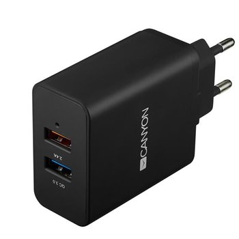 Canyon CNE-CHA07B, prémiová univerzálna nabíjačka do steny, 2x USB, QC 3.0, + 2.4A, ochrana proti prepätiu, čierna
