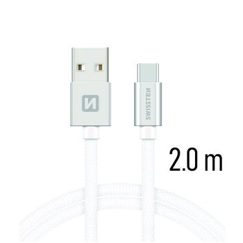 USB-C Kábel Swissten opletený, Quick charge, 3A, 2m - strieborno-biely