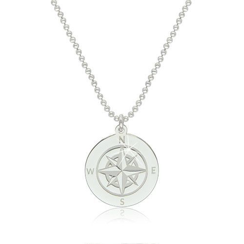 Strieborný 925 náhrdelník - obrys kruhu s vyobrazeným kompasom a svetovými stranami