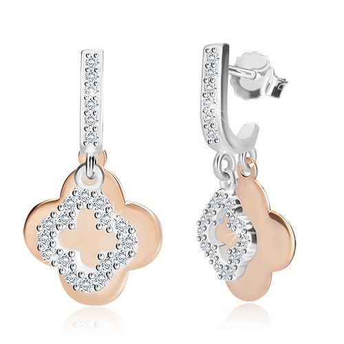 Strieborné náušnice 925 - zirkónová línia, dva štvorlístky rôznych veľkostí, puzetky