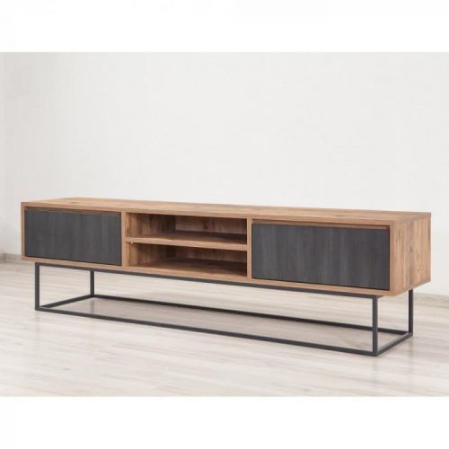 TV stolík so sivými dvierkami Industrio, dĺžka 180 cm
