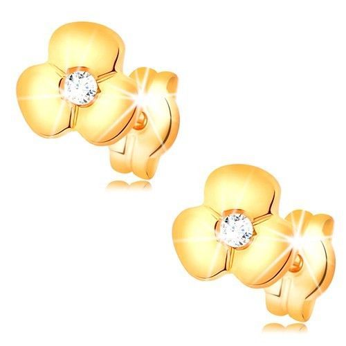 Zlaté náušnice 585 - lesklý kvietok s čírym zirkónom uprostred, puzetky