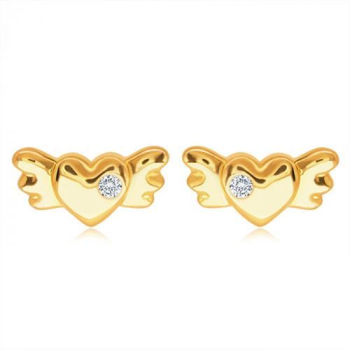 Puzetové zlaté 14K náušnice - plné symetrické srdiečko s krídlami a čírym zirkónom