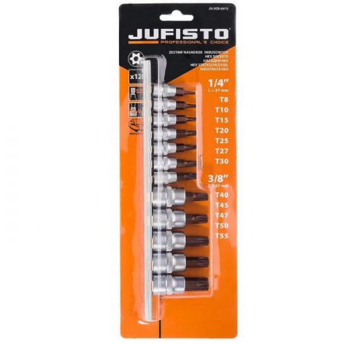 Kľúče násadkové s otvorom, Torx, 1/4˝, 35 mm TT 8/10/15/20/25/27/30, 3/8˝, 50 mm TT 40/45/47/50/55, sada 12 ks, Jufisto